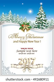2017 Christmas card with fir and bells on the background scenery in a frame with an ornament