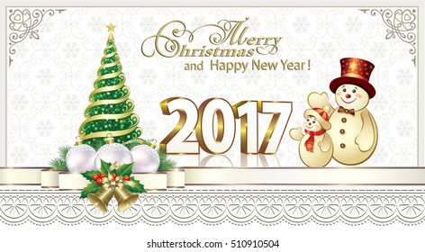 2017 Christmas card with fir tree, ball, bell and snowman in a frame with an ornament