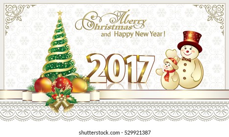 2017 Christmas card with fir tree, ball, bell and snowman in a frame with an ornament