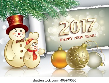 2017 Christmas card with a snowman and ball on the background of the poster and fir branches