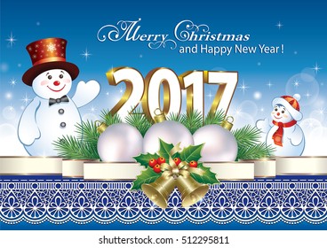 2017 Christmas card with a snowman and a ball with bells on a blue background with ornament