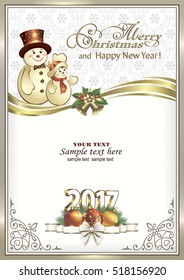 2017 Christmas card with a snowman and a ball with bells in a frame with an ornament