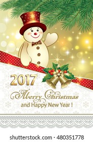 2017 Christmas card with a snowman and bells on the background of fir branches