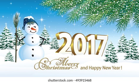 2017 Christmas card with a snowman on the background of nature and fir branches