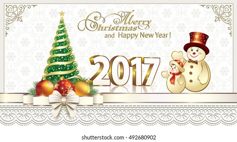 2017 Christmas card with a snowman and Christmas tree in a frame with an ornament on a light background