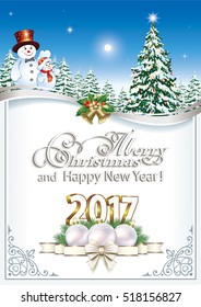 2017 Christmas card with a snowman and a Christmas tree in a frame with an ornament