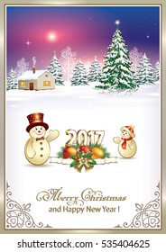 2017 Christmas card with a snowman and a Christmas tree in a frame with an ornament on a background of nature