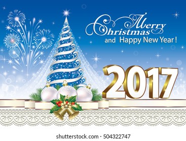 2017 Christmas card with a Christmas tree, ball and bells on the background of fireworks and ornament