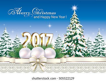 2017 Christmas card with Christmas tree and ball on the background of nature and ornament