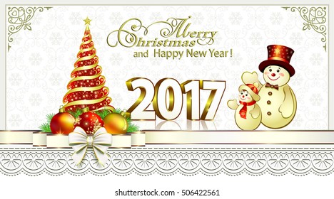 2017 Christmas card with a Christmas tree, ball and snowman on the background of the ornament