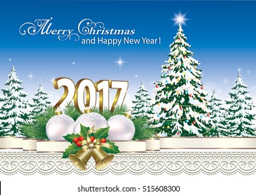 2017 Christmas card with a Christmas tree and a ball with bells on the background of nature and ornament