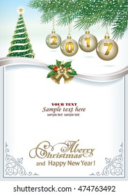 2017 Christmas card with a Christmas tree, balls and bells on the background of fir branches