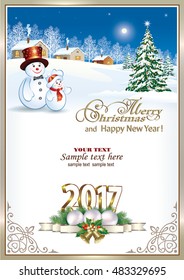 2017 Christmas card with a Christmas tree, balls, bells and snowman on the background of nature in a frame with an ornament