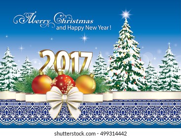 2017 Christmas card with Christmas tree and balls on the background of nature and ornament