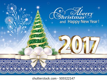 2017 Christmas card with a Christmas tree with balls on the background of fireworks and decorations   