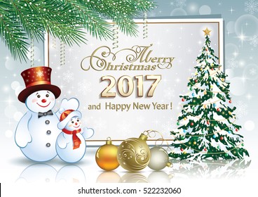 2017 Christmas card with a Christmas tree, snowman and balls on the background of the poster and fir branches