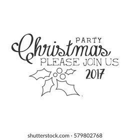 2017 Christmas Party Black And White Invitation Card Design Template With Calligraphic Text