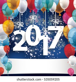 2017 with colored balloons and fireworks on the blue background. Eps 10 vector file.