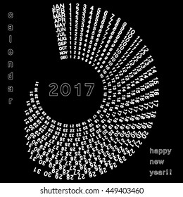 2017 concentric spiral calendar. The white pattern on a black background. Vector.