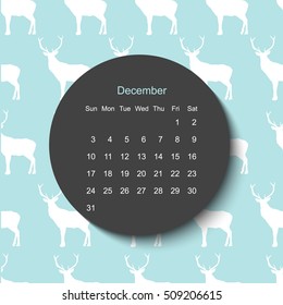 2017 December calendar. Modern creative geometric minimalism blue background. Trendy stylish calendar December 2017 with deers. Scandinavian style and trendy colors. Raster.