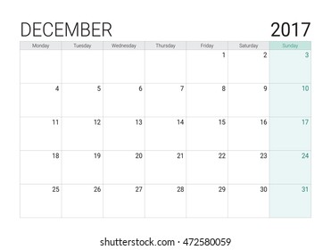 2017 December calendar (or desk planner), week start on Monday