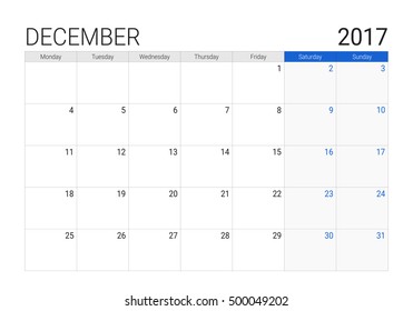 2017 December calendar (or desk planner), weeks start on Monday