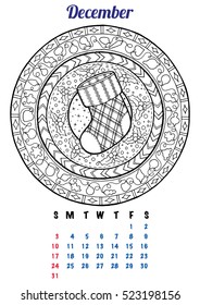 2017 December Calendar Planner Design. Mandala winter New Year pattern with Christmas sock, vector illustration. Coloring page for adult and kids book.