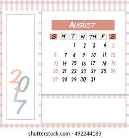 2017 desk calendar of August in pastel tone on fabric seamless pattern backgrounds with space for your company logo and slogan or quote, vector illustration.