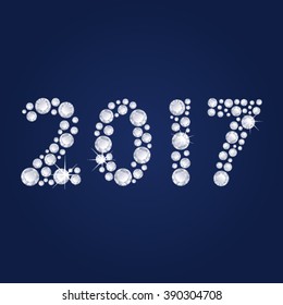 2017 Diamonds numbers with reflection. Happy New Year. Blue vector greeting card.