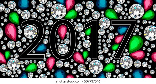 2017 Diamonds numbers with reflection. Happy New Year. Vector greeting card.