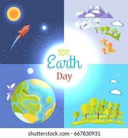 2017 Earth day posters set traveling to Moon, mountains and trees icons, clean environment, saving planet clean concept vector illustrations set.