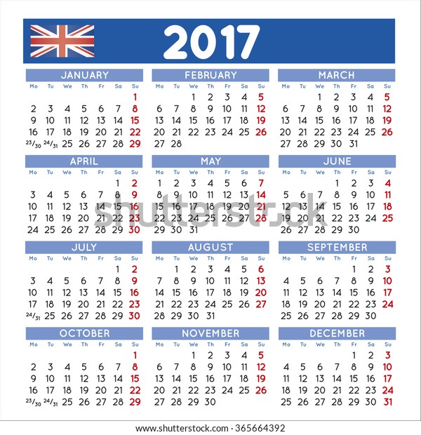 2017 Elegant Squared Calendar English Uk Stock Vector (Royalty Free ...