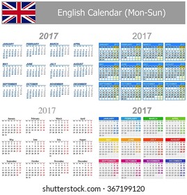 2017 English Mix Calendar Mon-Sun on white background