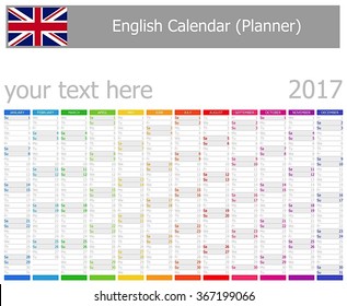 2017 English Planner Calendar with Vertical Months on white background