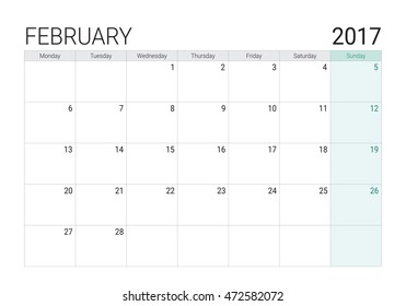 2017 February calendar (or desk planner), week start on Monday