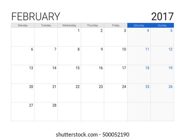 2017 February calendar (or desk planner), weeks start on Monday
