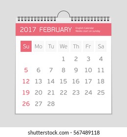 2017 february calendar template. Flat graphics of single page of wall Calendar concept isolated on gray background. Week starts from Sunday. EPS 10.