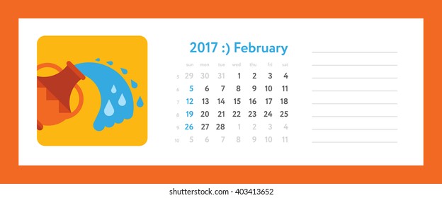 2017 february calendar - weekly planner with zodiacal (horoscopes) signs, flat funny illustration. Vector template with calendar grid and place for notes. Week start on sunday.