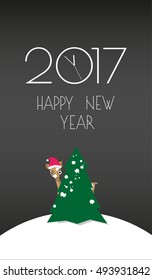 2017 festive card. Paper cut out style decorated banner background with cartoon scene - little deer hiding behind the fir tree.