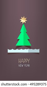 2017 festive card. Paper cut out style decorated banner background with fir tree.