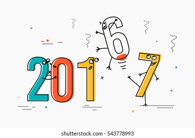 2017 flat line design concept for greeting card and banner. Funny cartoon interpretation to the outgoing 2016. vector illustration isolated on white background