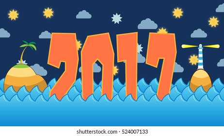 The 2017 is floating on the night sea under beautiful start.