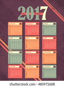2017 Full Calendar, Background Design. Promotion Poster Vector Template, Week Starts Sunday