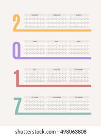 2017 Full Calendar, Background Design. Promotion Poster Vector Template, Week Starts Sunday