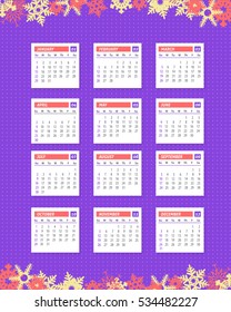 2017 Full Calendar, Background Design. Promotion Poster Vector Template, Week Starts Sunday
