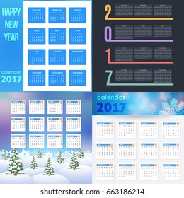 2017 Full Calendar Set, Different Background Design. Promotion Poster Vector Template, Week Starts Sunday