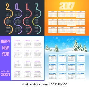 2017 Full Calendar Set, Different Background Design. Promotion Poster Vector Template, Week Starts Sunday