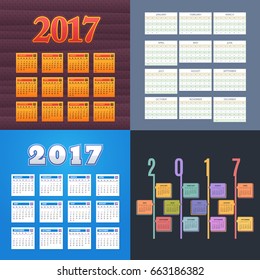 2017 Full Calendar Set, Different Background Design. Promotion Poster Vector Template, Week Starts Sunday
