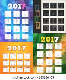 2017 Full Calendar Set, Different Background Design. Promotion Poster Vector Template, Week Starts Sunday