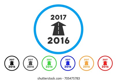 2017 Future Road vector rounded icon. Image style is a flat gray icon symbol inside a blue circle. Bonus color versions are gray, black, blue, green, red, orange.